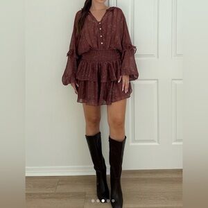 LULUS NWT Christy Rust Floral Button-Front Long Sleeve Mini Dress size XS